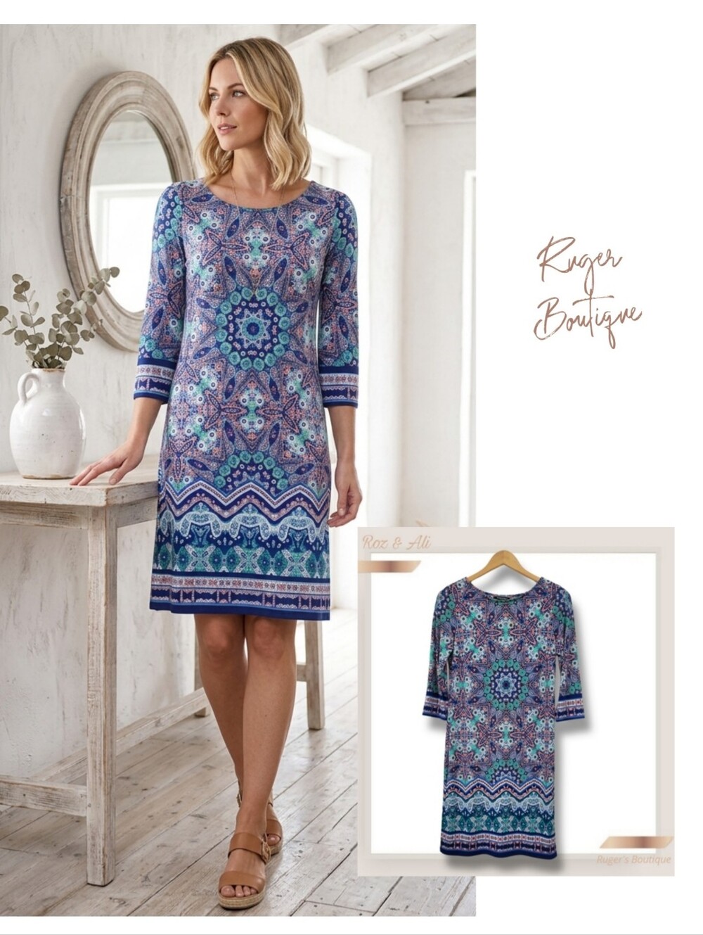 🌿Roz & Ali Women's Small Petite Paisley Boho Shift Dress Blues, Oranges, Teals